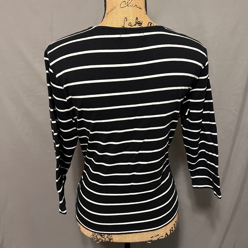 Chaps Striped Top Lace V-Neck 3/4 Sleeve Cotton Classic Tee Black White Size L - Picture 2 of 6